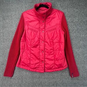 Columbia Titanium Puffer Jacket Womens Large Red Quilted Snap Front Knit Sleeves